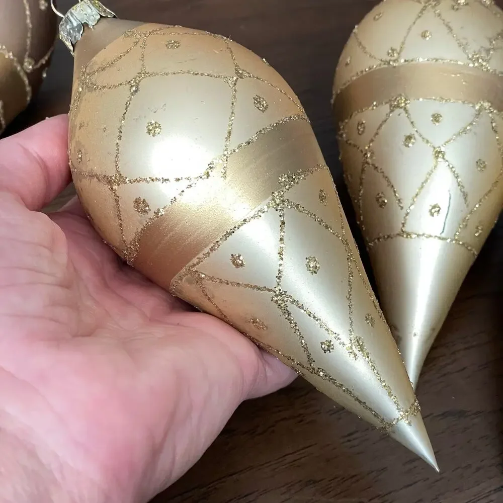 Hand Blown Gold Fluted Ornaments Glitter Lot of 6 Vtg Large Teardrop READ